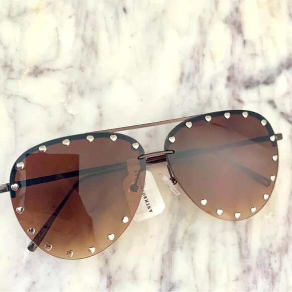 ❤️ ANTHROPOLOGIE x I-SEA Studded Heart Aviator Sunglasses Brown Gradient - Picture 4 of 11